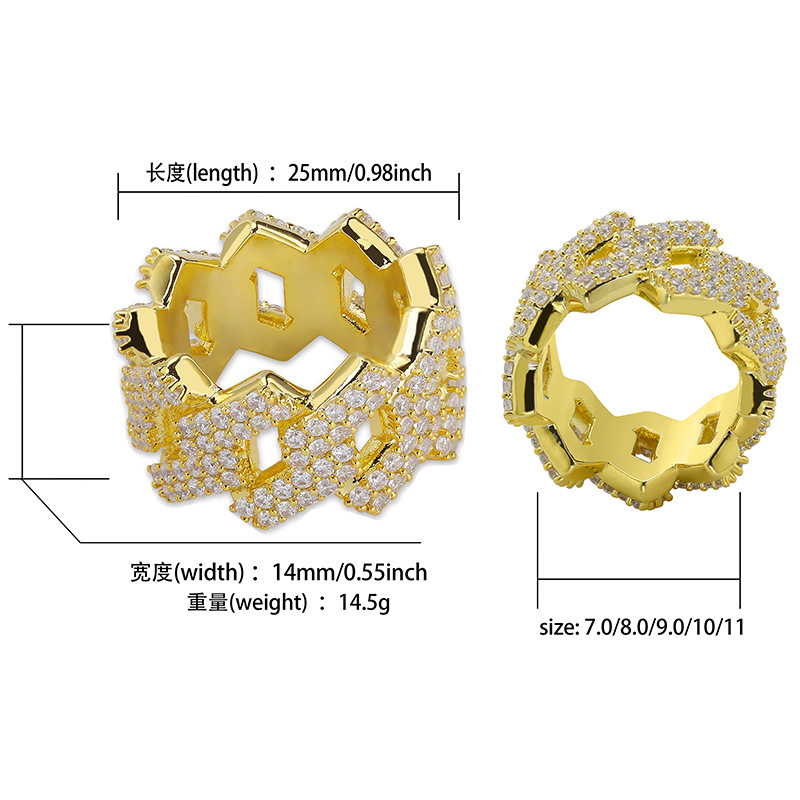 18K Gold and White Gold Plated Environmental Copper Hollowed Mens Full Diamond Iced Out Ring Band Hip Hop Jewelry Gifts for Man Wholesale