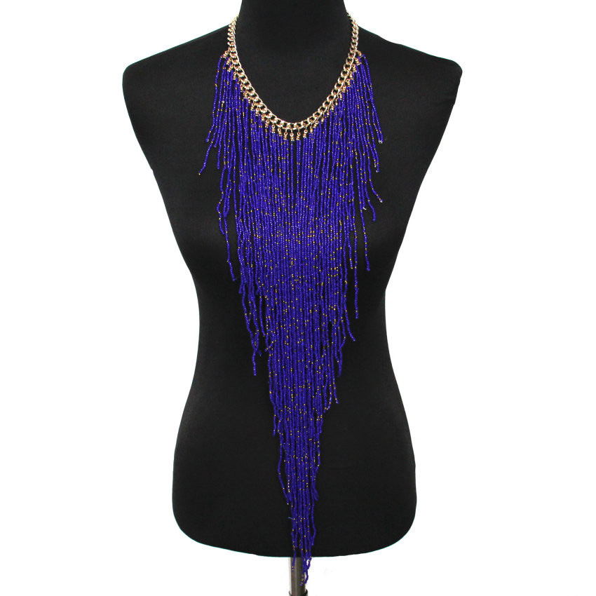 Fashion- Bohemian Style Design Women Charm Jewelry Resin Bead Handmade Long Tassel Statement Link Chain Choker Necklace Christmas Gift
