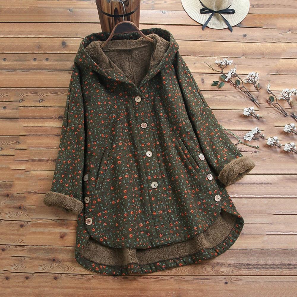 Women Coat Winter Casual Floral Print Warm Fleece Hooded Vintage Print Asymmetrical Button Hooded Outwear Coat Female Outwear, Green 
Women Coat Winter Casual Floral Print Warm Fleece Hooded Vintage Print Asymmetrical Button Hooded Outwear Coat Female Outwear, Green