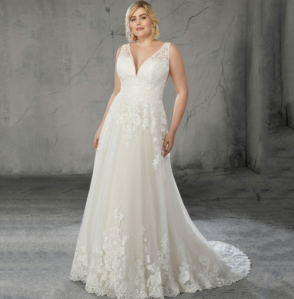 Plus Hot Sale Size Lace Backless Wedding Dresses A Line V Neck Bridal Gowns Sweep Train Tulle Appliqued Robe De Marie ppliqued