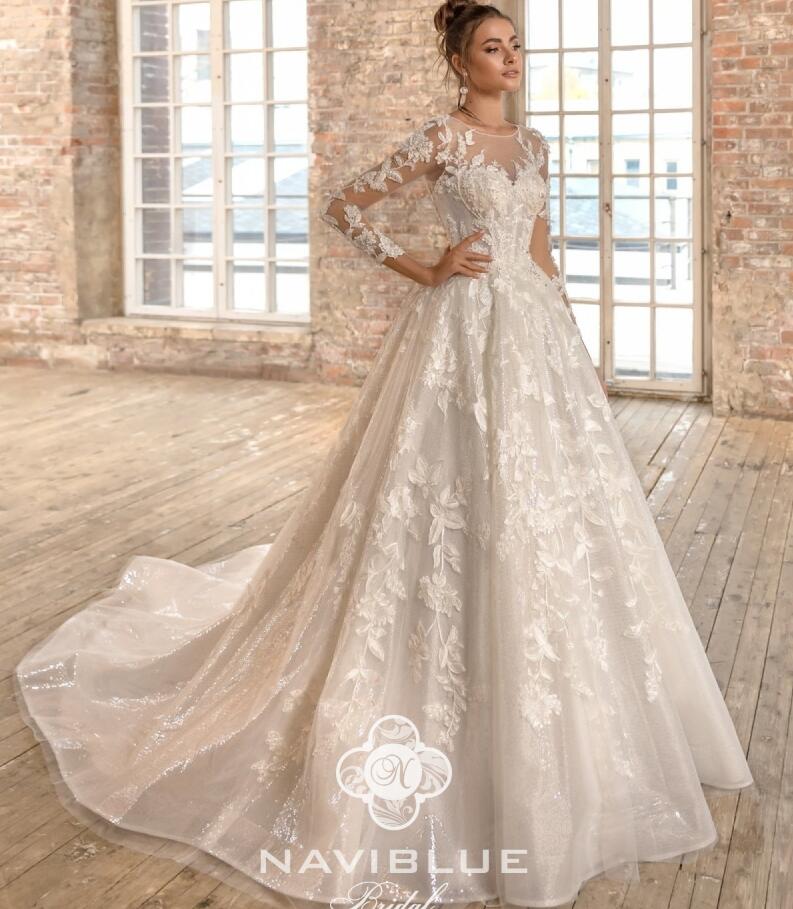 2019 Naviblue Dolly Beach Wedding Dresses Jewel Neck Lace Appliqued A Line Glitter Long Sleeve Modest Wedding Dress Court Train Bridal Gowns