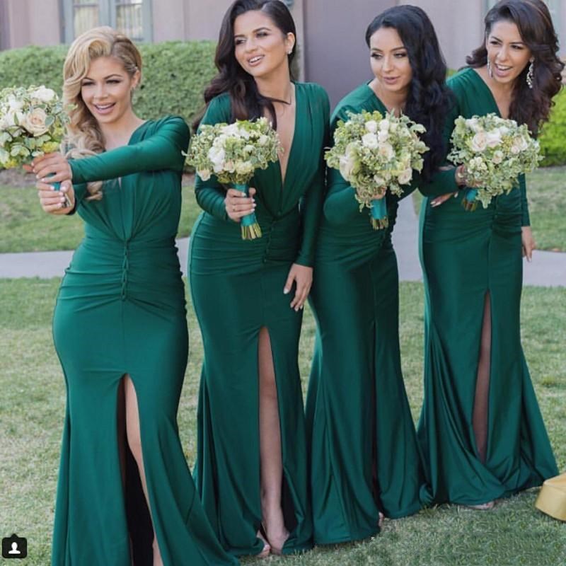 Custom Sheath Split Stretch Satin V Neck Green Bridesmaid Dresses Sexy long Sleeve Cheap Party Evening Dresses
Custom Sheath Split Stretch Satin V Neck Green Bridesmaid Dresses Sexy long Sleeve Cheap Party Evening Dresses