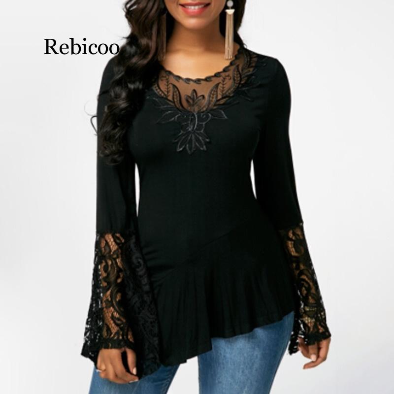 Fashion Lace Blouses Flare Sleeve Shirts For Womens Tops Shirt Plus Size Women Clothes Irregula