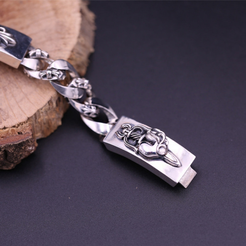 Gothic 925 sterling silver handmade jewelry American European antique silver heart sword thick link chain designer vintage men's bracelets