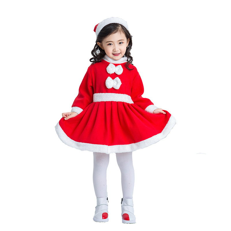 THIN Little Santa Claus Costume Children Christmas Outfit White Fuzzy Trim Girls Bowknot Dress Boys Shirt Pants Hat Set Cosplay 1-13 yrs