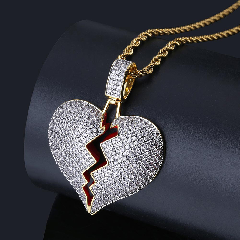 High Grade Broken Heart Pendant Necklace Mens Hip Hop Jewelry with Zircon Stainless Steel Chain Jewelry Wholesale