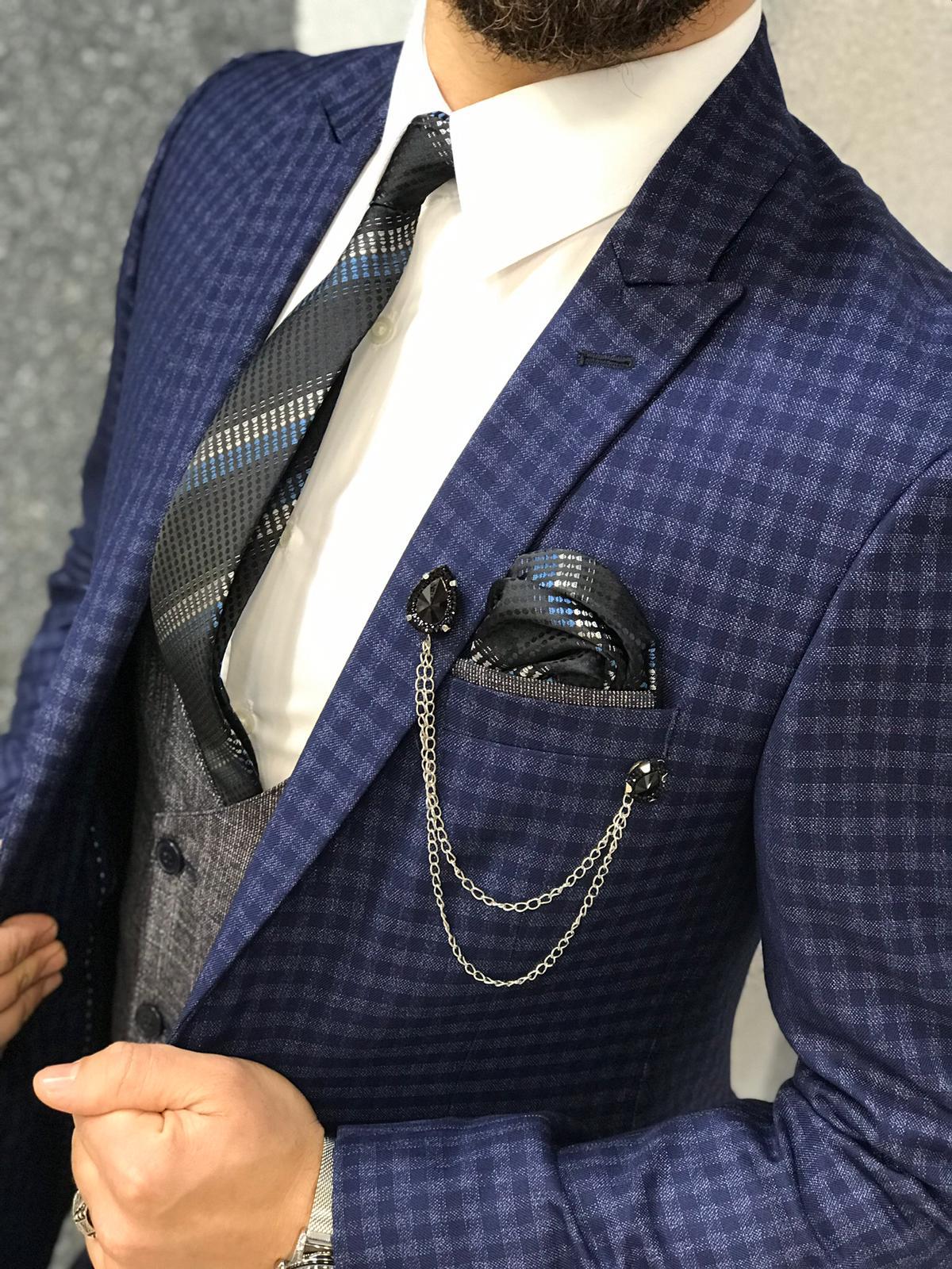Navy Blue Plaid Groom Wedding Tuxedos Slim Fit 3 Pieces Notched Lapel Mens Pants Suits High Quality Designer Jackets