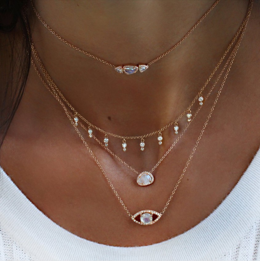 uneven stome triple geometric triangle cz moonstone necklace 925 sterling silver women jeweelry