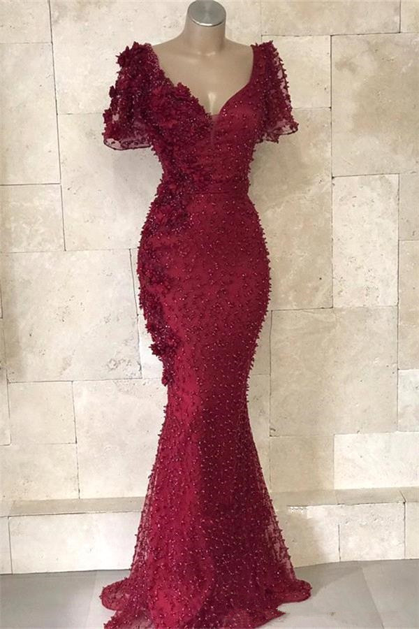 Dark Red Burgundy Mermaid Prom Pageant Dresses with Sleeve 2020 V-neck Luxury Lace Beaded Pearls Arabic Long Vestidos Evening Gowns