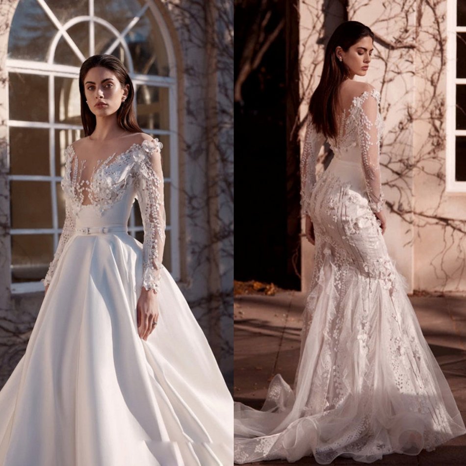 2020 Mermaid Wedding Dresses Long Sleeves Applique Wedding Gowns Sweep Train With Detachable Tarin Bridal Gowns Vestidos De Novia