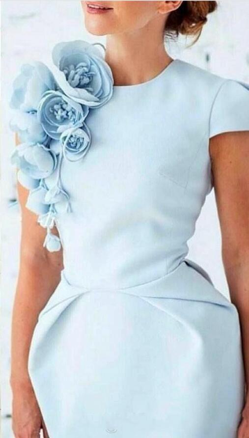 Simple Light Sky Blue Plus Size Mother of the Bride Dresses Satin Hand Made Flower Tea Length Wedding Guest Dress Prom Evening Gown