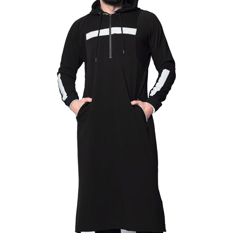 2020 New Men Gown Muslim Arabian Robe Solid Color Full Length Sweatshirt Long-sleeved Hooded Islamic Male Casual Clothing