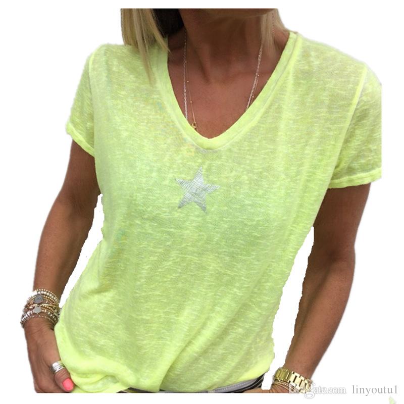 2020 Summer Explosion Models V-neck Print Five-pointed Star Loose Female Short-sleeved T-shirt Neon Tops Roupas Femininas