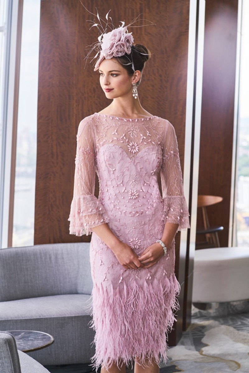 Gillharvey Modest Sheath Mother Of The Bride Dresses Jewel Neck Tulle Lace Beads Feather Princess Gown Tea Length Wedding Guest Dress