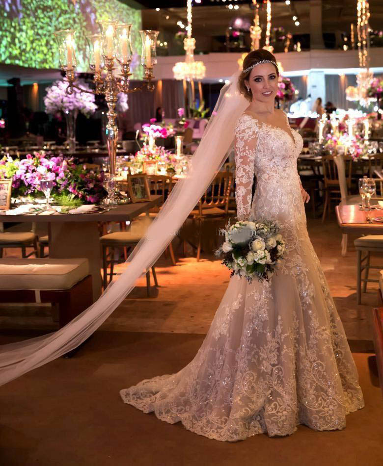 Sparkly Mermaid Beaded Lace Wedding Dresses Sheer V Neck Sequined Plus Size Bridal Gowns With Long Sleeves Sweep Train Vestido De Novia