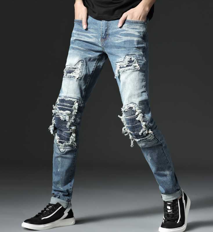 Distressed Patch Hole Biker Jeans Punk Rock Men's Slim Straight Jeans Stretch Cotton Denim Ripped Fashion Pants, Sky blue
Distressed Patch Hole Biker Jeans Punk Rock Men's Slim Straight Jeans Stretch Cotton Denim Ripped Fashion Pants, Sky blue