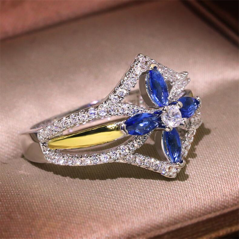 Hot Sale Ring for Women Vintage Fashion Jewelry 925 Sterling Silver Blue Sapphire Crystal Diamond Party Women Wedding Engagement Cross Ring