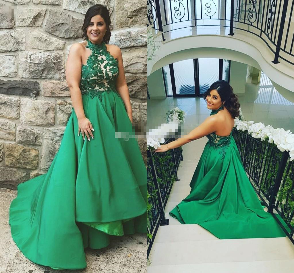 New 2019 Green Prom Dresses Halter Appliques High Low Sexy Satin Arabic Evening Party Pageant Gowns Vestidos De Fiesta Customized M92 0510