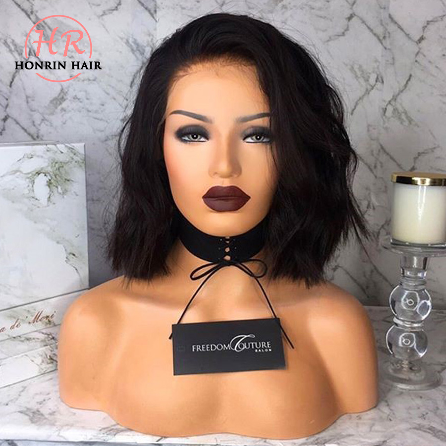 

Lace Front Wig Natural Wave Bob Wavy Pre Plucked Bleached Knots Brazilian Virgin Human Hair 150% Density, Natural color