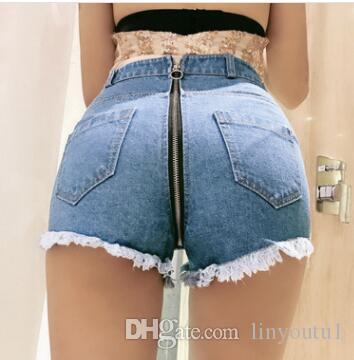Women Summer Sexy Zipper in Back High Waist Denim Shorts Tassel Ripped Holes Jean Short Mini short taille haute