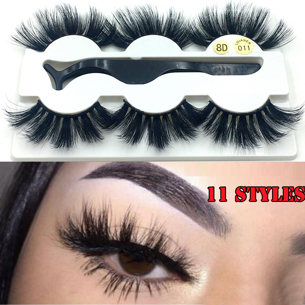 3 Pairs 25mm Mink False Eyelashes 8D Thick Dramatic Long Fluffy Eyelash Makeup Extension Handmade Lashes with a Tweezer