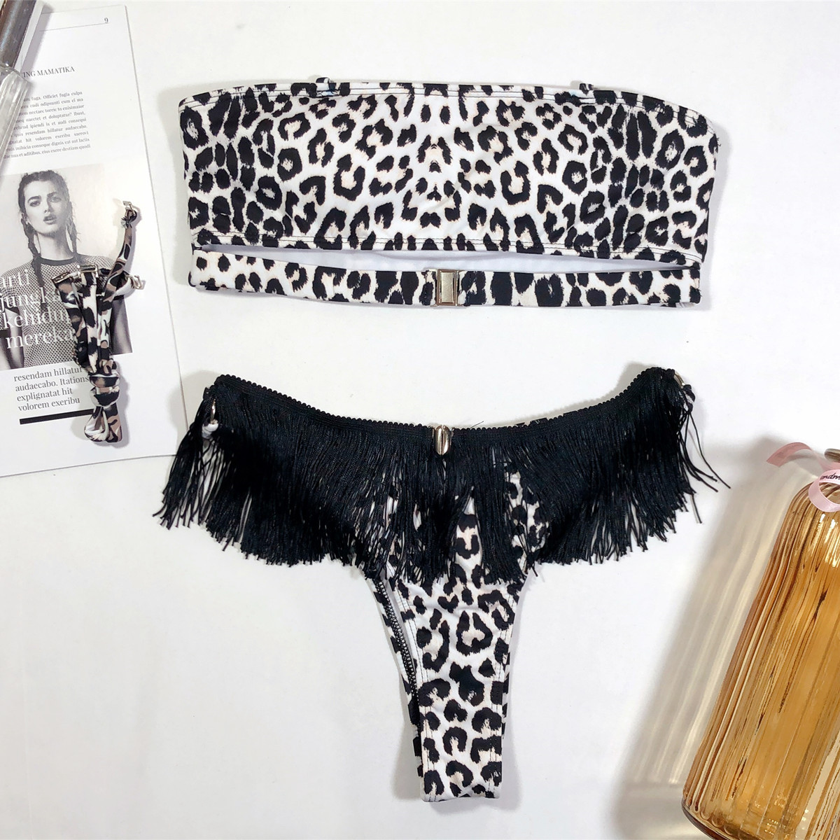 Sexy bikini push up bandeau swimwear 2020 female Leopard print swimsuit women tassel bathing suit bathers bodysuit