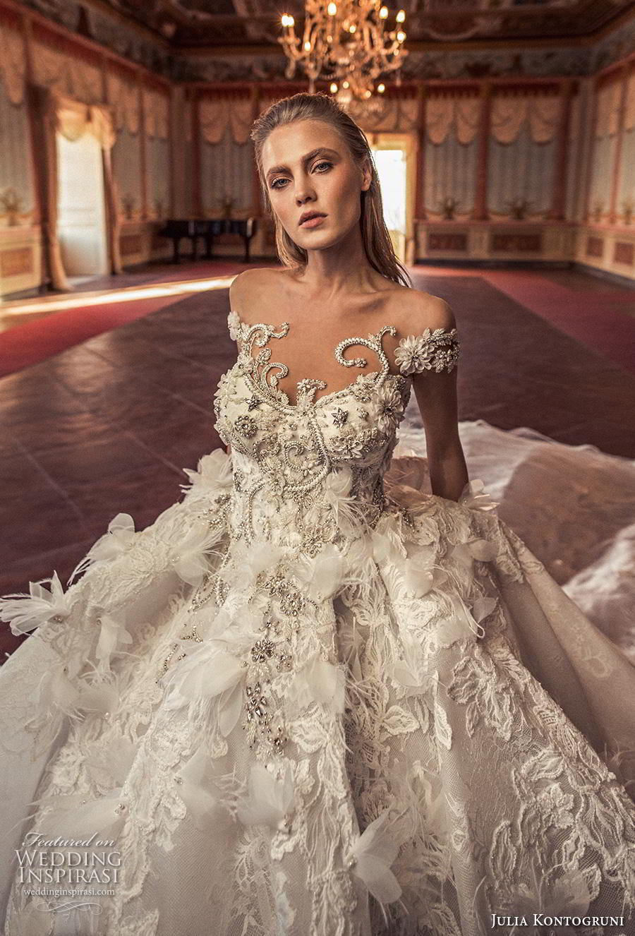 vintage julia kontogruni wedding dresses off shoulder lace 3d floral appliques beads crystals luxury ball gowns bridal gowns