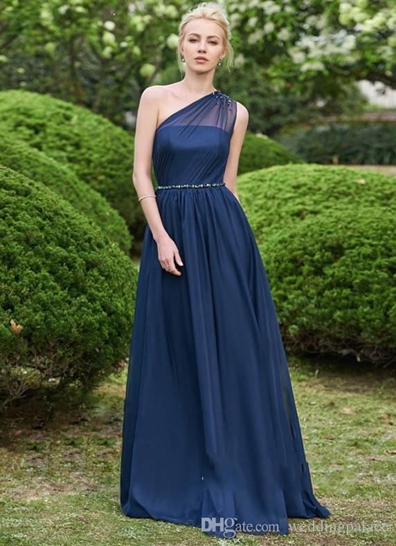 Gorgeous Sexy Shoulder Navy Bridesmaid 2019 Long Chiffon Prom Dress One Maid Of Honor Dresses Evening Wear Temperament Es 6660305