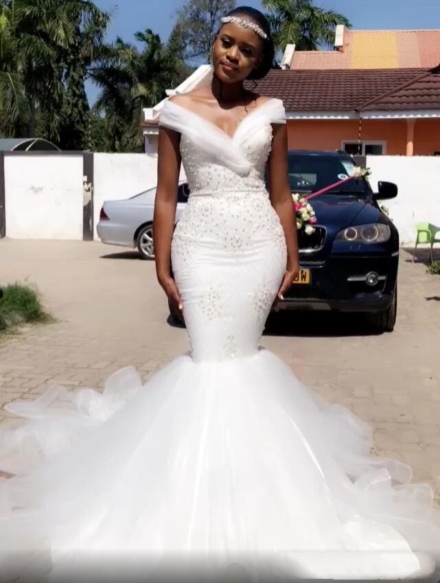African Mermaid Dresses for Black Girls Off Shoulder Backless Beaded Pearls Plus Size Wedding Dress Bridal Gowns vestidos de novia