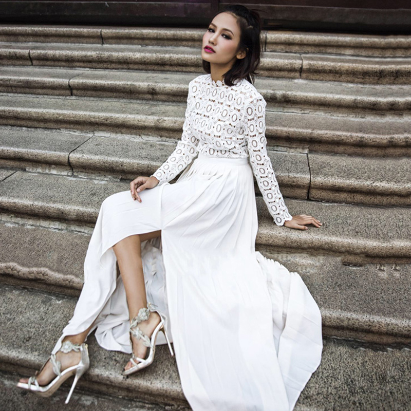 New design womens crochet hollow out lace floral long sleeve high waist patchwork pleated chiffon vent jag long dress