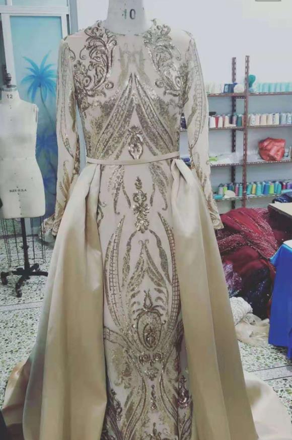 Sexy Green Prom Dresses Mermaid Long With Satin Detachable Train Sequined Long Sleeve Evening Party Formal Gowns Real Photos