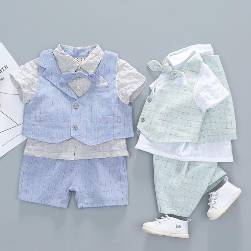 Newborn Baby Boy Clothes New Christening Formal Party Bodysuit Outfit Short Sleeve Tie Fashion Cute Summer Fall Clothing Sets, Light blue