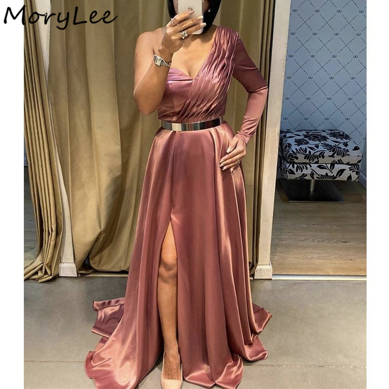 One Shoulder Evening Dresses Long Sleeves Sweep Train A-Line Side Slit Satin Evening Dresses vestidos de fiesta de noche, Black
One Shoulder Evening Dresses Long Sleeves Sweep Train A-Line Side Slit Satin Evening Dresses vestidos de fiesta de noche, Black