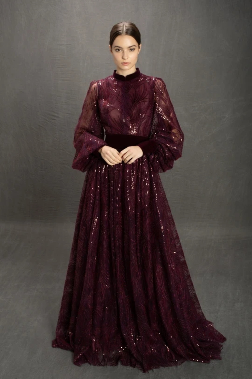 2020 Grape Prom Dresses High Neck Appliqued Sequins Tulle Sash Evening Dress A Line Custom Made Special Occasion Gowns