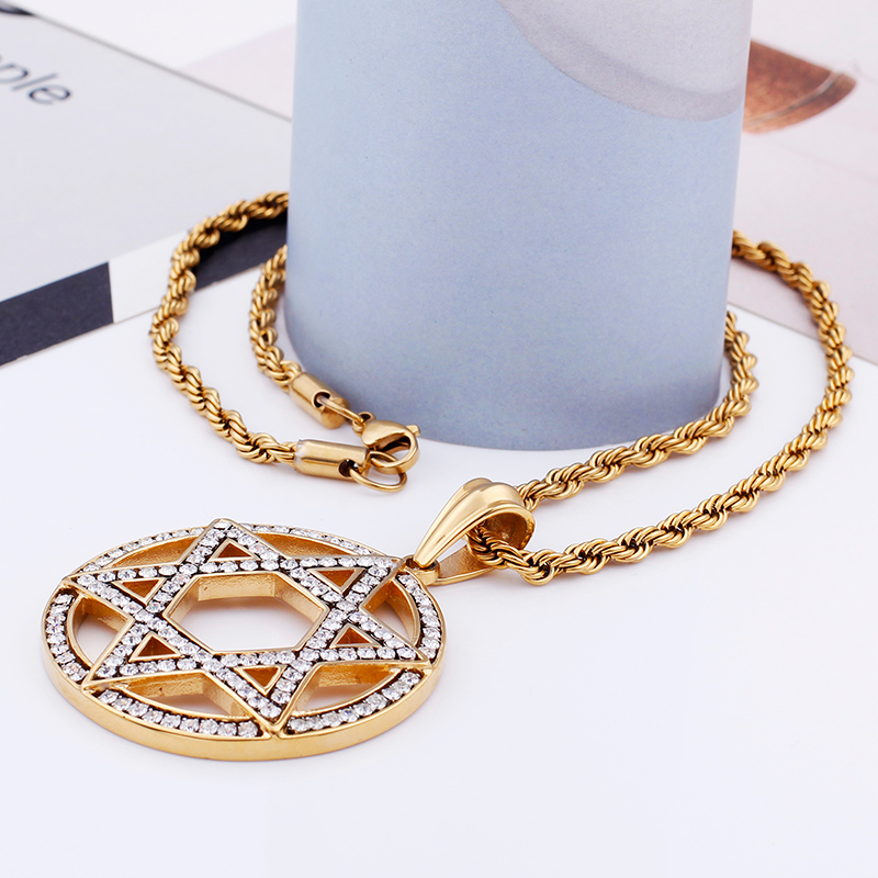 Men's Hip Hop Six-star Pendants Necklace 316L Stainless Steel Full Cubic Zirconia Setting 18K Gold Plated Jewelry