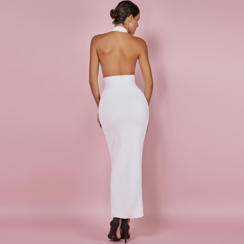Ocstrade Womens Sexy Bandage Dress 2018 Club Wear Summer Backless White Bodycon Dresses Hollow Out Vneck Long Maxi Bandage Dress Y19012102