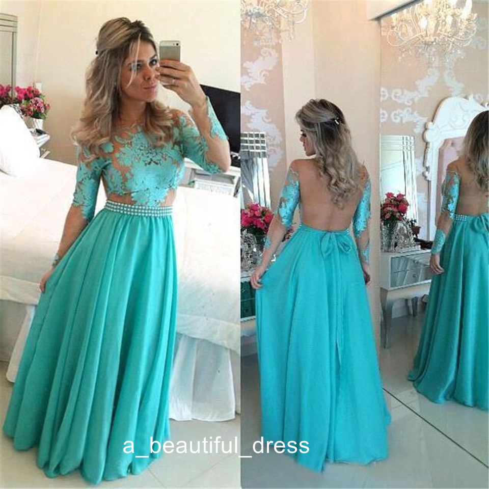 Long Sleeve Turquoise Prom Dress New Jade Green Long Chiffon Formal Party Celebrity Inspired Gown PD5563