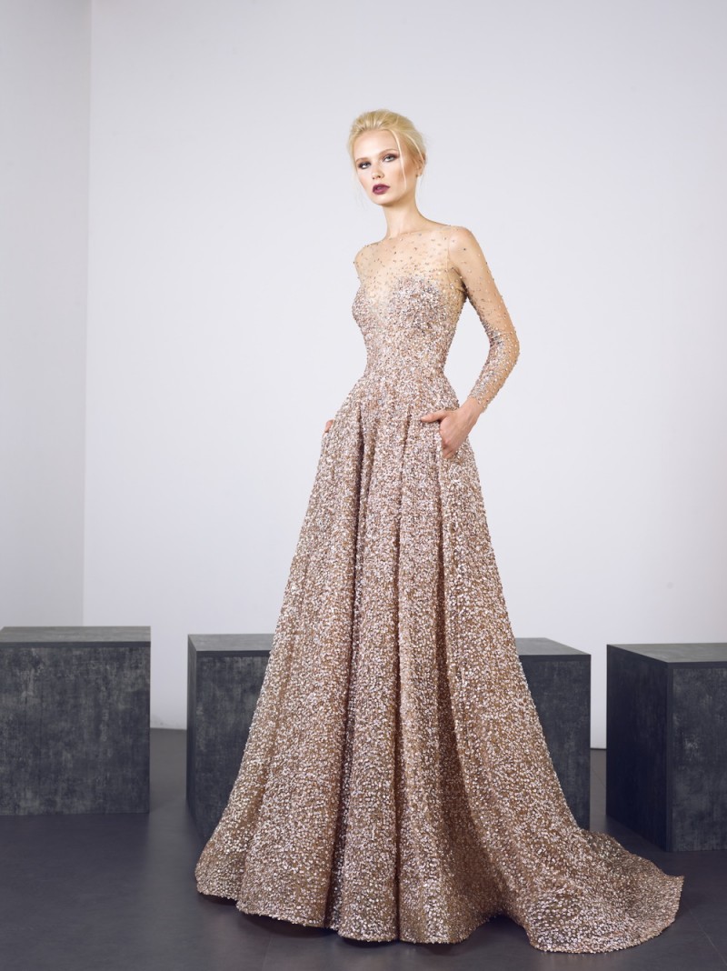 Luxury Gold Prom Dresses 2019 Sheer Neck Long Sleeves Crystal Sequins Evening Gowns Sweep Train Cocktail Party Dresses Custom Made
