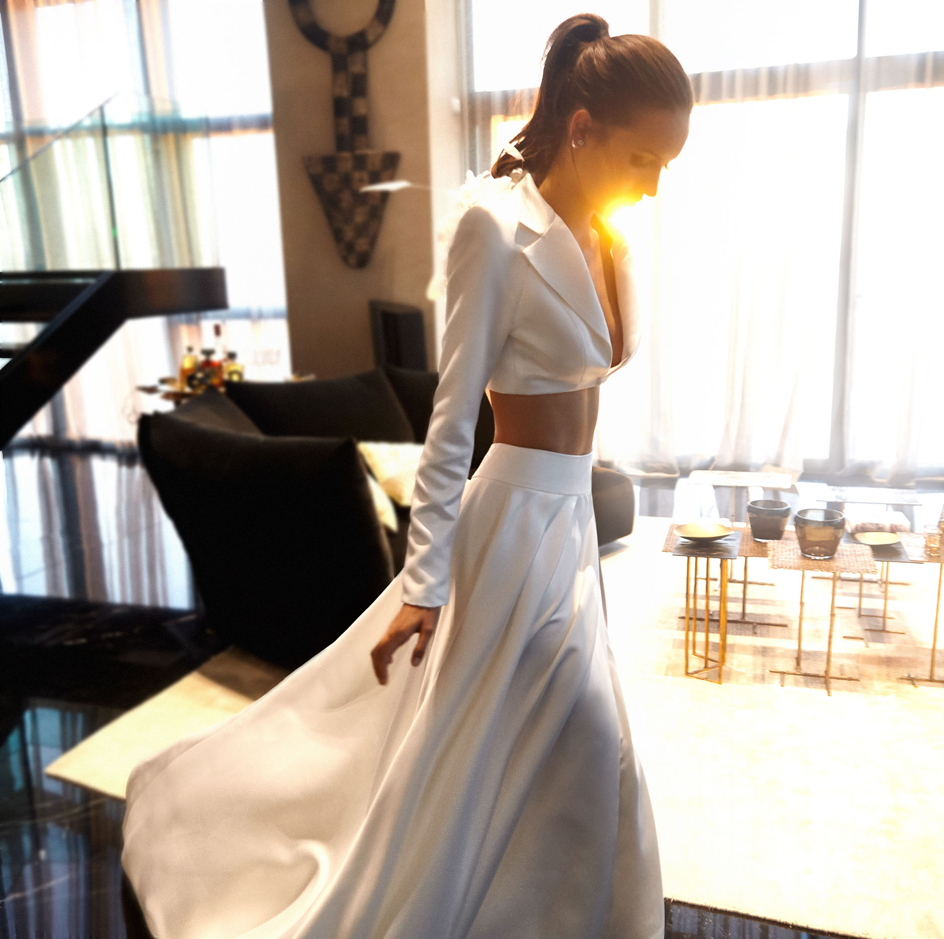 Winter A-e Wedding Dress Two Piece Suit with 3D ral Appliques & Pearls, Long Sleeves Bridal Gown, Custom Made