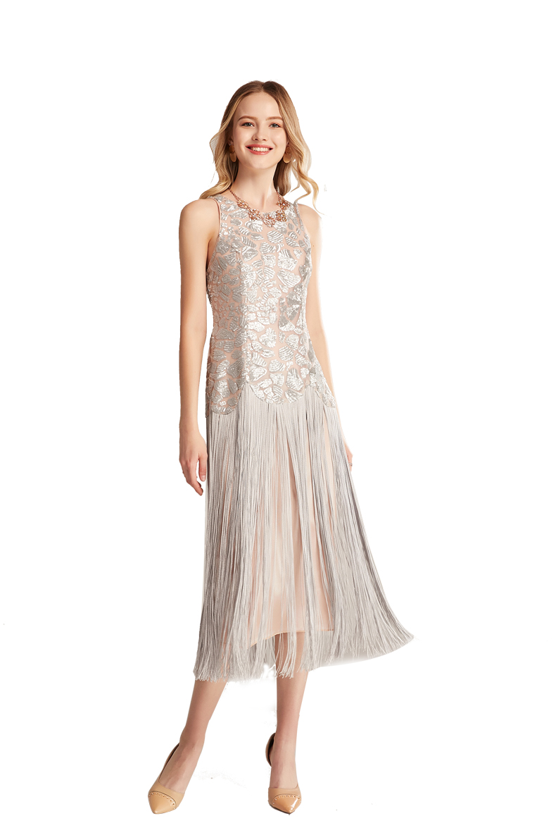 Women's Runway Dresses O Neck Sleeveless Sequined Bodice Tassels Detailing Elegant Fashion Mid Calf Party Prom