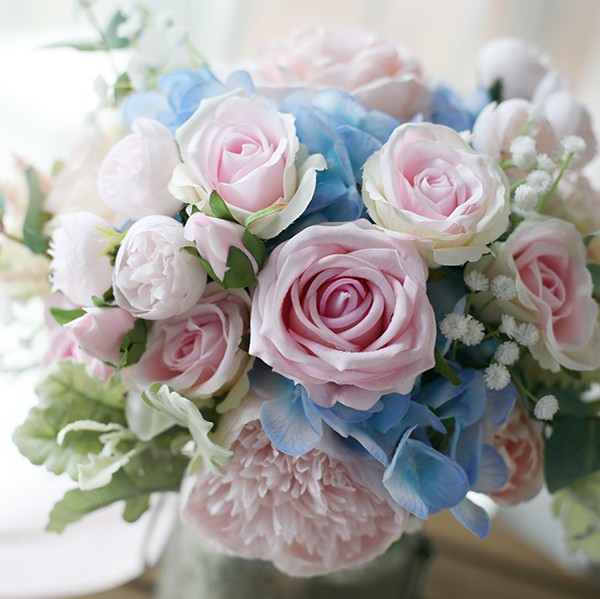 Pink Blue Flower Bridal Bouquets 2020 Rose Hydrangea Wedding Home Decoration Artificial Bride Holding Brooch Bouquet Bride Flowers