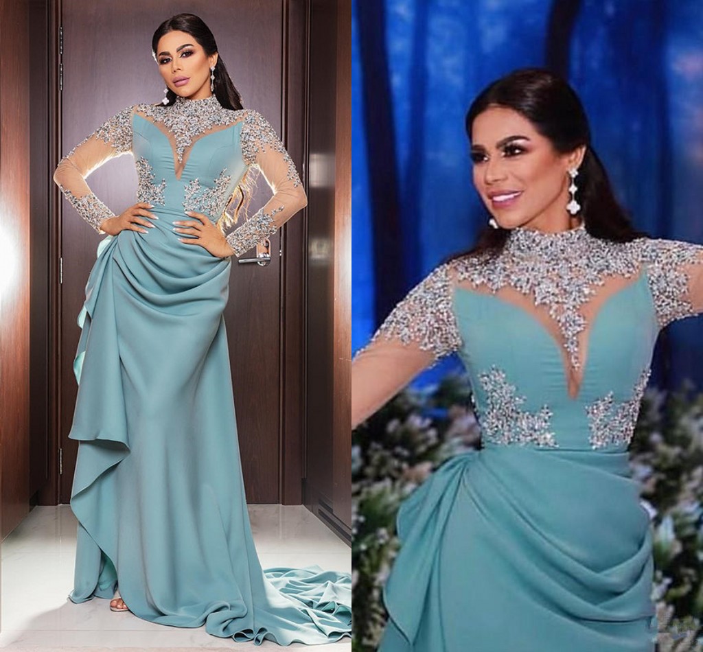 Mint Blue High Neck Evening Dresses 2020 Arabic Illusion Long Sleeve Hand Beaded Applique Robe de soiree Musulman Prom Dress