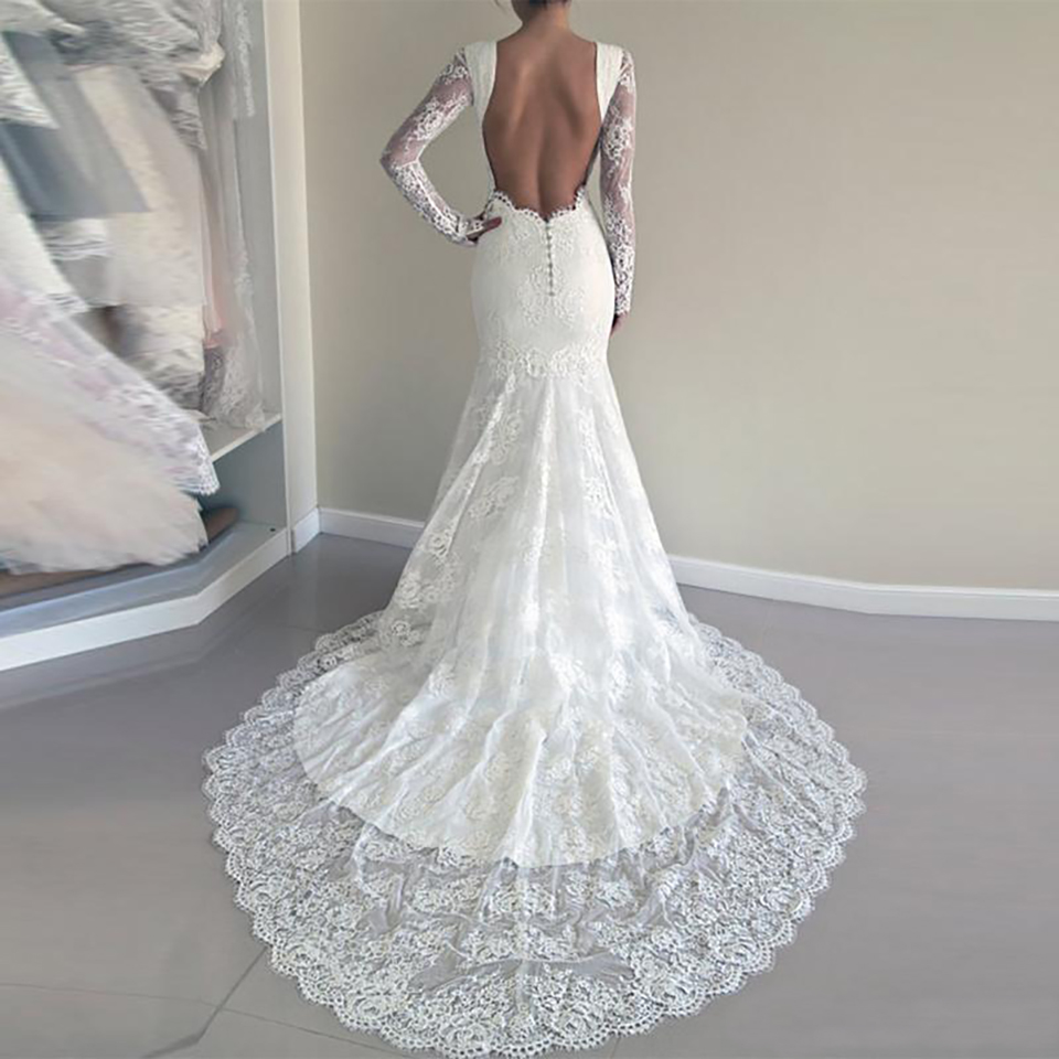 Stunning Jewel Long Illusion Sleeves Court Train Sheath White Wedding Dress with Open Back Full Lace within Lining Mermaid Bridals Gown