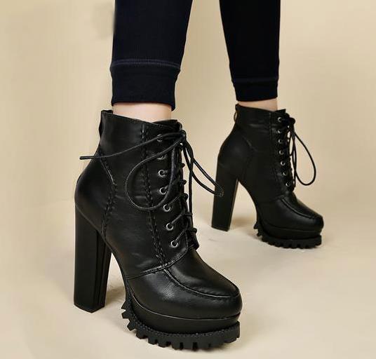 Fashion Women Gothic Boots Lace Up Ankle Boots Platform Punk Shoes Ultra Very High Heel Bootie Block Chunky Heel size 3439
