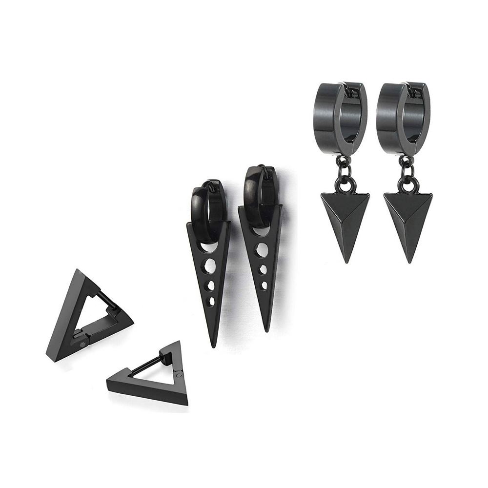 3 pairs/set Hip Hop Stud Hoop Earrings Gothic Geometric Triangle Stainless Steel Earrings Jewelry Wholesale