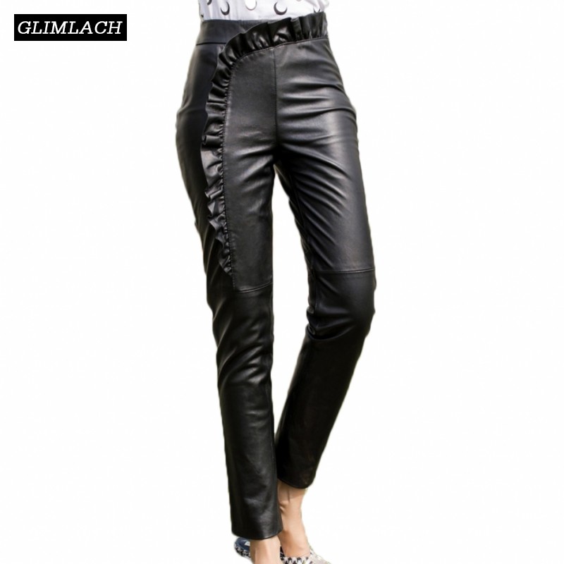 Women Genuine Leather Pants Ruffles Harajuku Sheepskin Real Leather Trousers New Slim High Waist Ankle-Length Lady Pencil Pants, Black
Women Genuine Leather Pants Ruffles Harajuku Sheepskin Real Leather Trousers New Slim High Waist Ankle-Length Lady Pencil Pants, Black