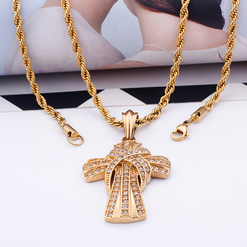 Men Hip Hop Domineering Cross Pendants Necklace 316L Stainless Steel Cubic Zirconia Setting 18K Gold Plated Jewelry