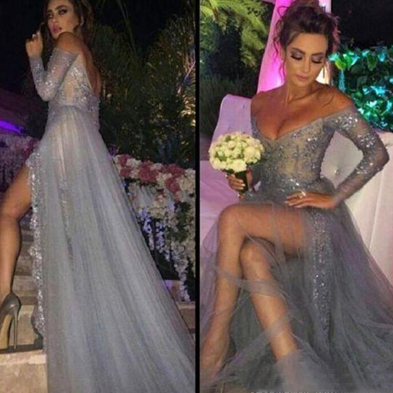Off-Shoulder Sexy Lace Prom Dresses with Long Sleeve Appliques Sequined Sparkle Evening Gowns Side Split Elegant Grey Formal Dresses
