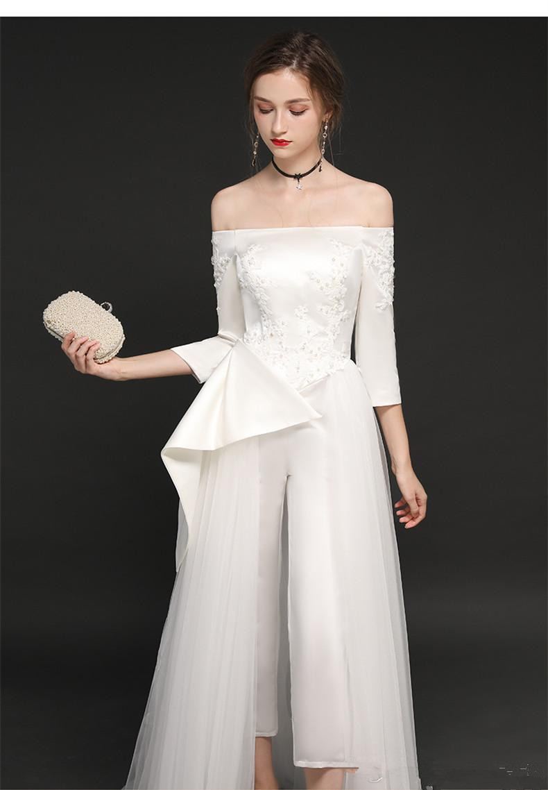Off The Shoulder 2020 Jumpsuits Wedding Dress Lace Appliqued Beads Vestido De Noiva Boho Long Sleeve Pants Wedding Dresses Bridal Gowns