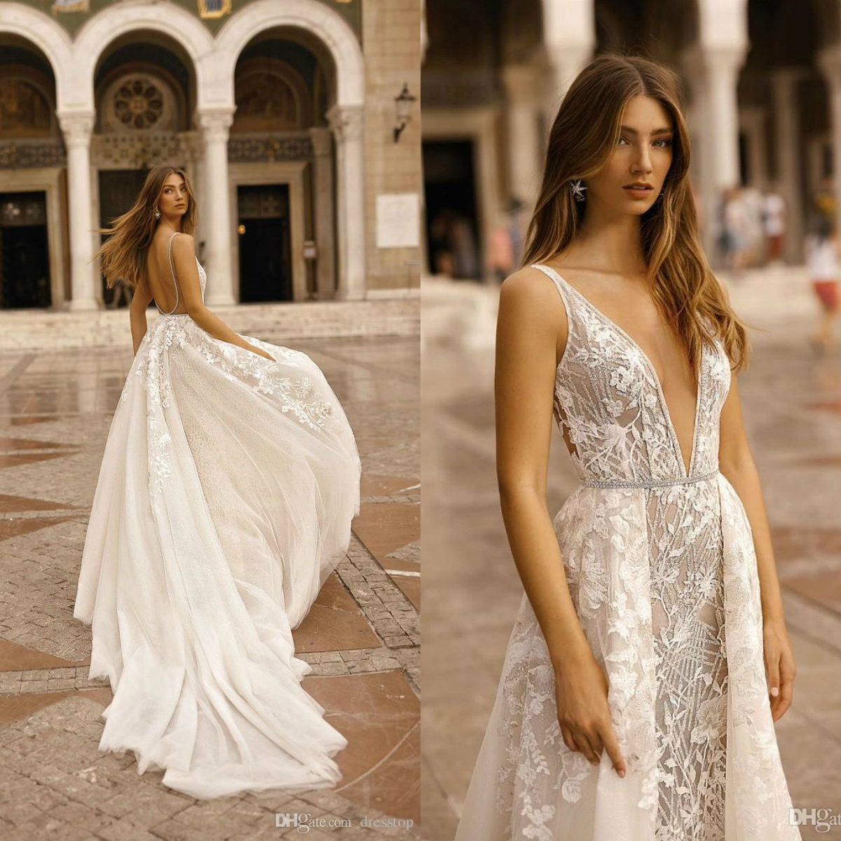 Princess Berta Mermaid Wedding Dresses With Overskirts V Neck Lace Bridal Gowns Queen Backless Beach Wedding Dress vestidos de noiva